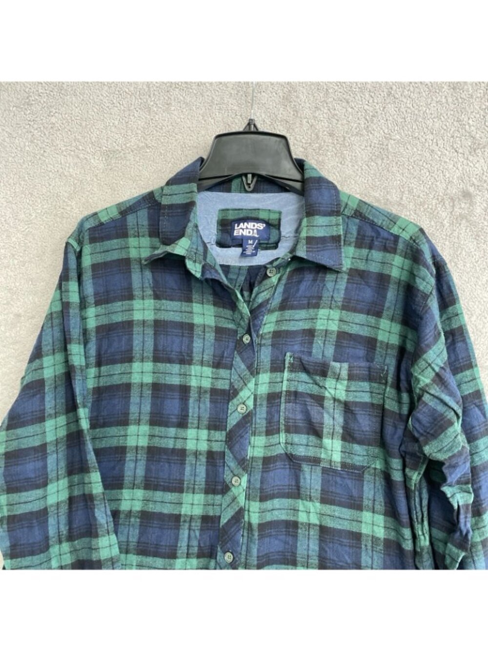 Lands' End Women's M Green & Navy Plaid Button-Up Flannel Shirt Cotton B0472 - Picture 9 of 10